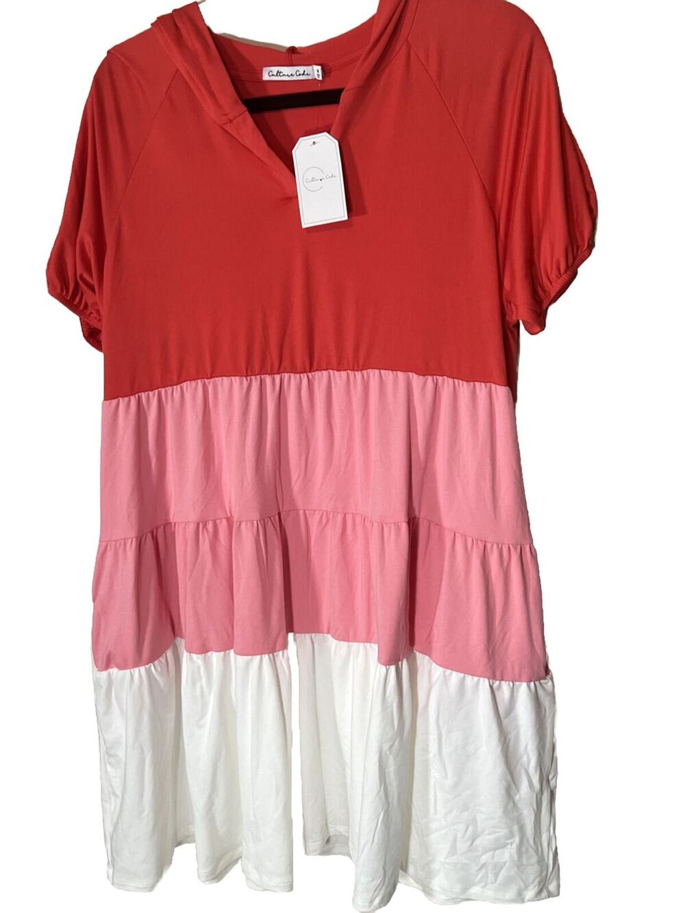 NWT Culture‎ Code Hooded Dress Sz M Babydoll Color Blocked Red Pink Tiered New